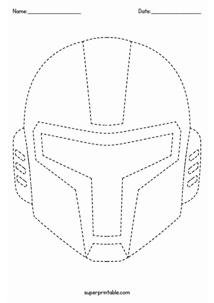 Dashed tracing worksheet with a superhero helmet, Name and Date lines, and website text.