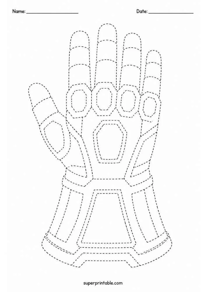 Dashed tracing worksheet with a superhero glove, Name and Date lines, and website text.