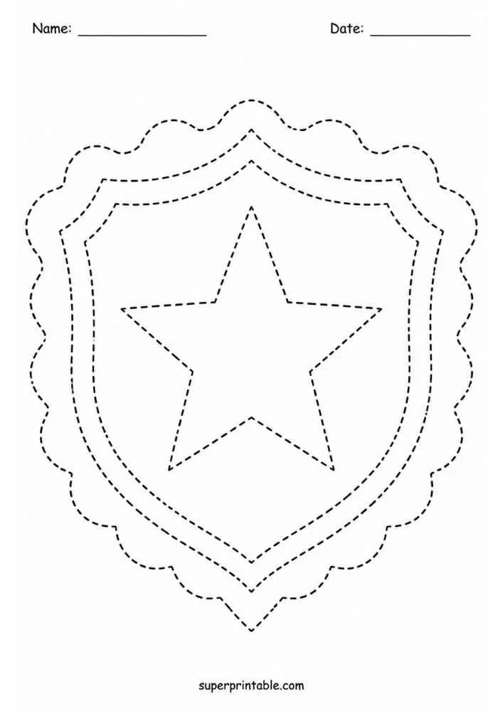 Dashed tracing worksheet with a star shield, Name and Date lines, and website text.