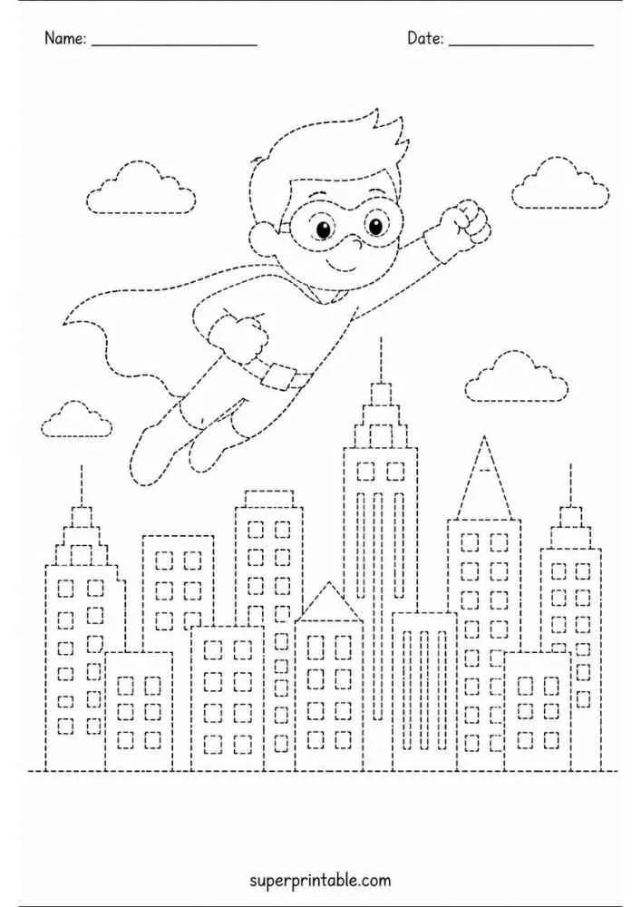 Dashed tracing worksheet with a flying superhero above a city, clouds, Name and Date lines.