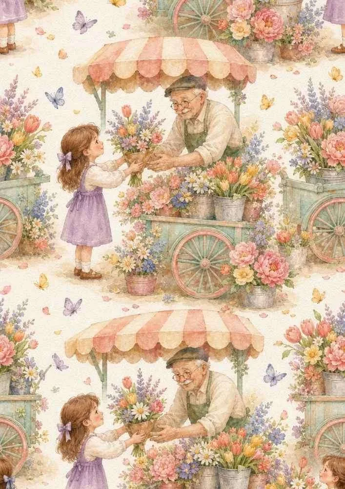 Floral market cart with a flower seller, little girl, bouquets, butterflies, and blooming flowers.