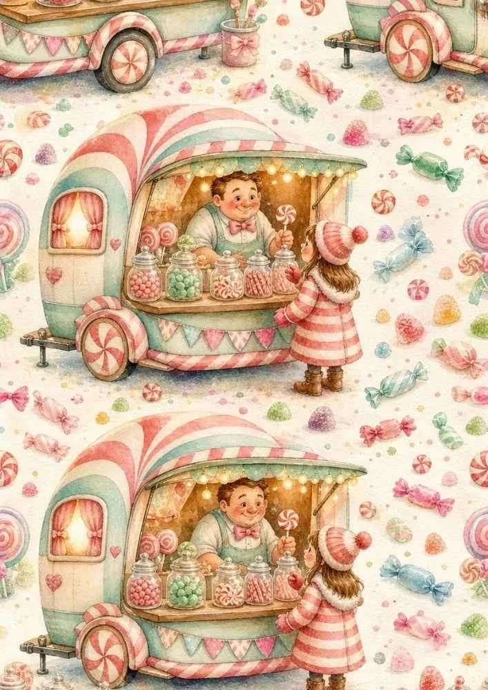 Candy caravan with seller, child, candy jars, lollipops, and colorful sweets.