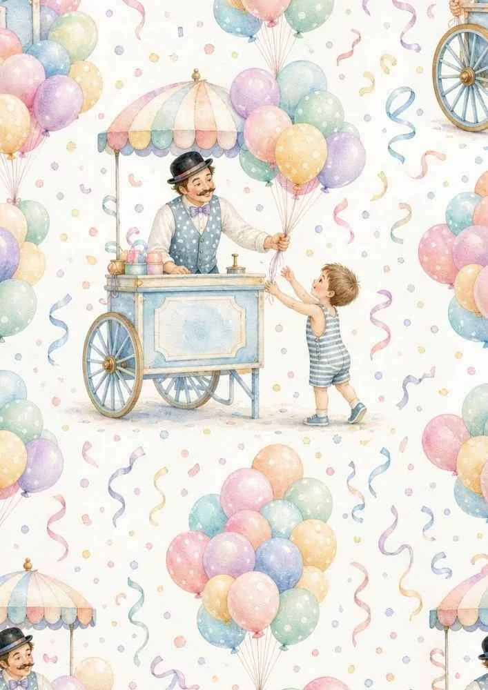 Balloon cart with seller, child, colorful balloons, ribbons, and confetti.