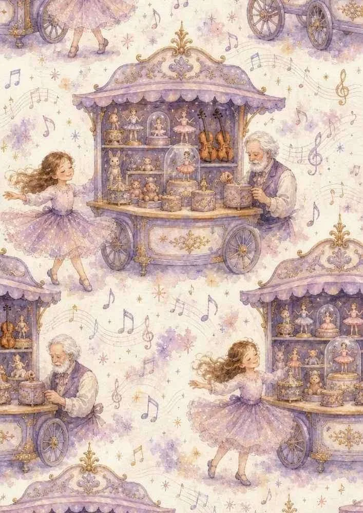 Music stall with dancer, craftsman, music boxes, violins, and floating music notes.