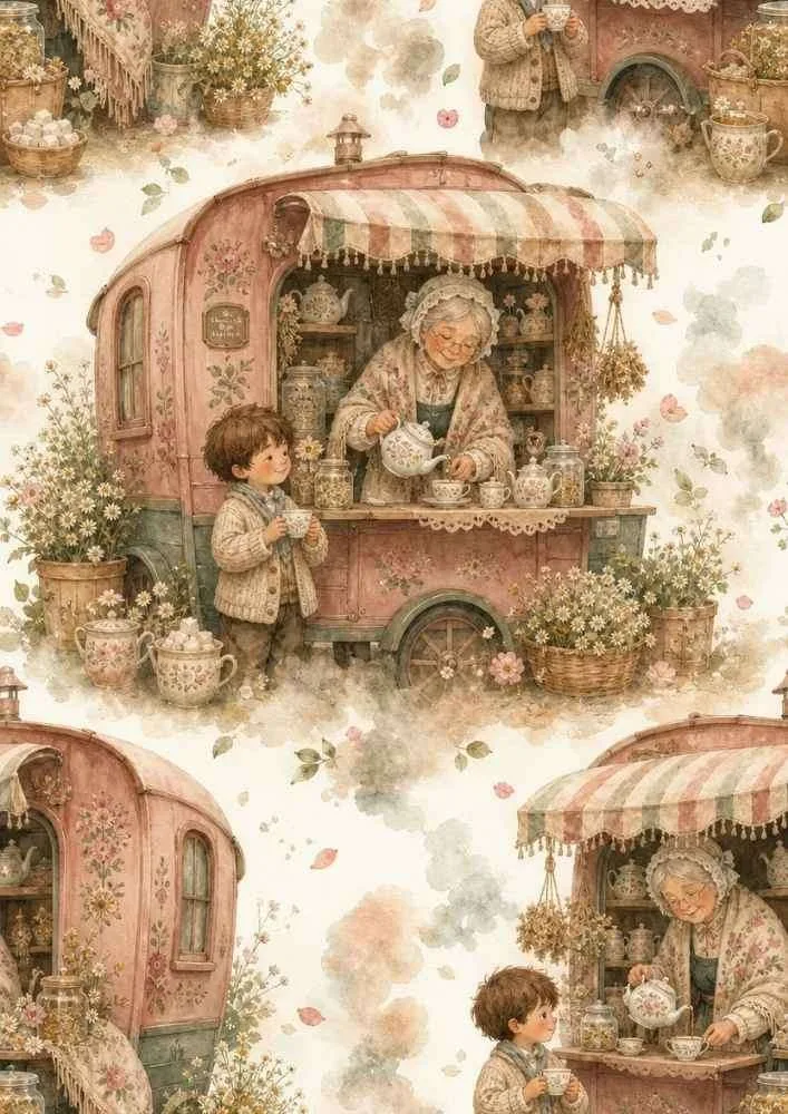 Tea caravan with grandmother, child, teapot, teacups, flowers, and steam.