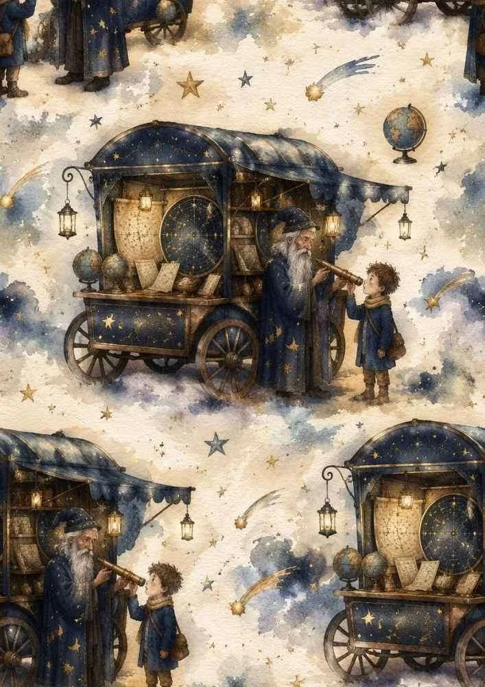 Star wagon with astronomer, child, telescope, globes, maps, and shooting stars.