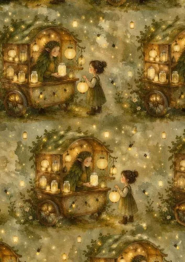 Forest lantern cart with woodland seller, child, glowing lanterns, and fireflies.