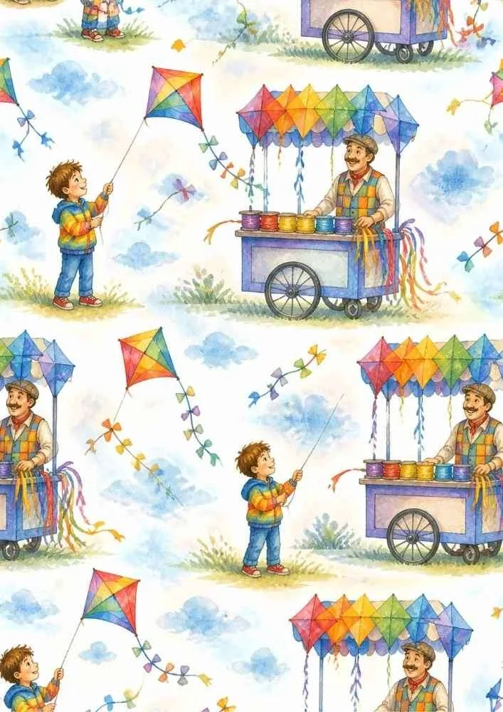 Kite cart with vendor, child, colorful kites, ribbons, and clouds.