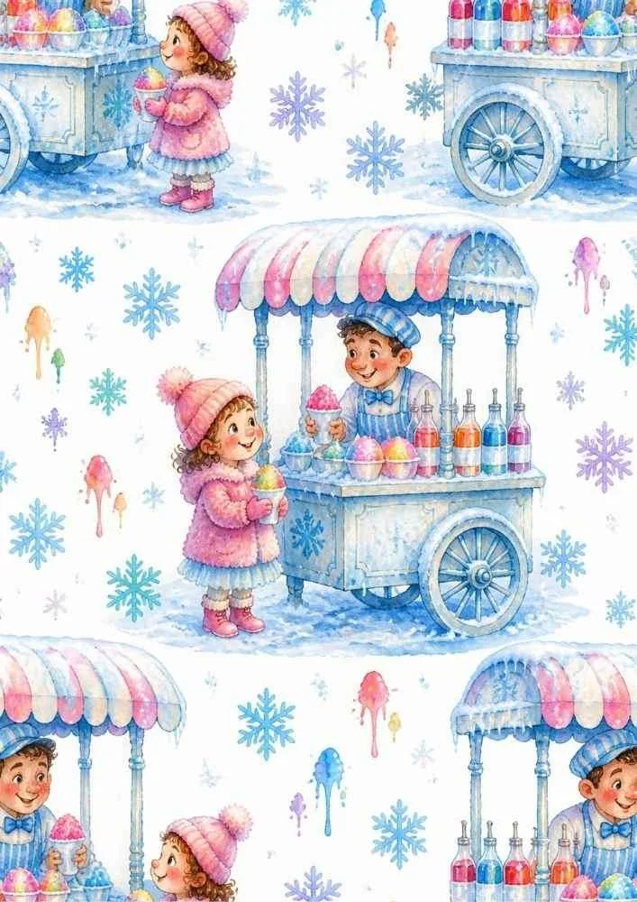 Snow cone cart with vendor, child, snow cones, syrup bottles, and snowflakes.