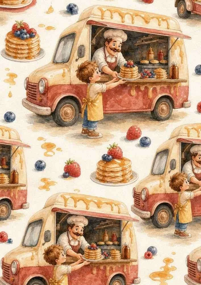 Pancake truck with chef, child, berry pancakes, honey, strawberries, and blueberries.