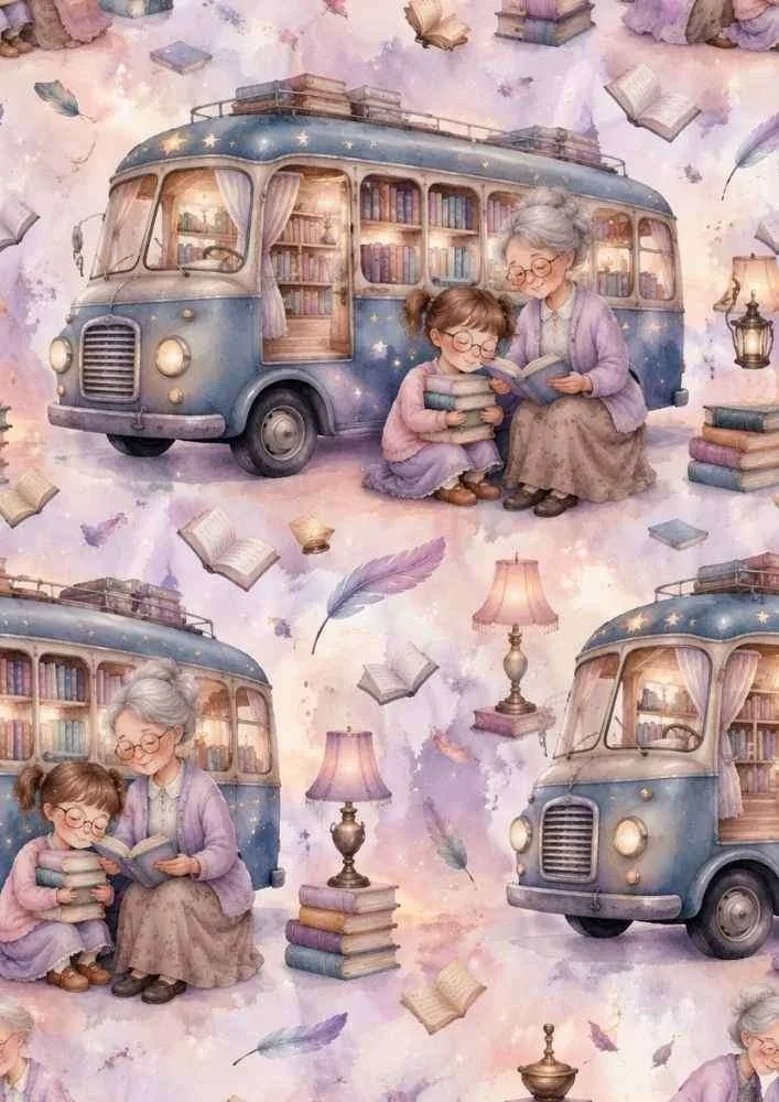 Library bus with books, grandmother reading to a child, floating books, feathers, and lamps.