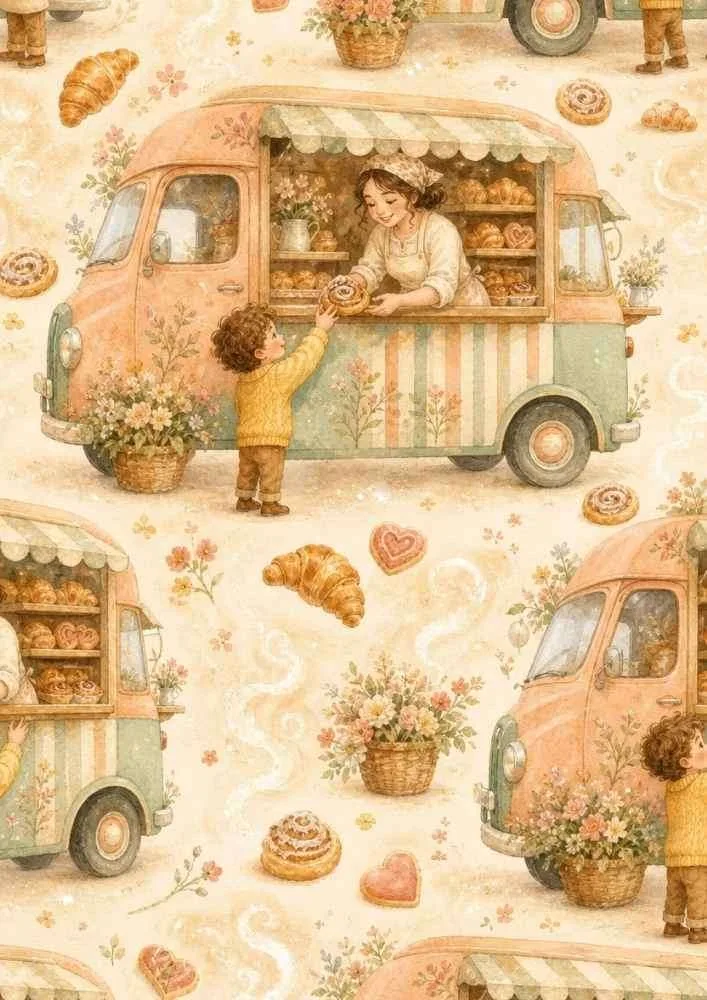 Bakery van with baker, child, pastries, flowers, bread, and heart shaped treats.