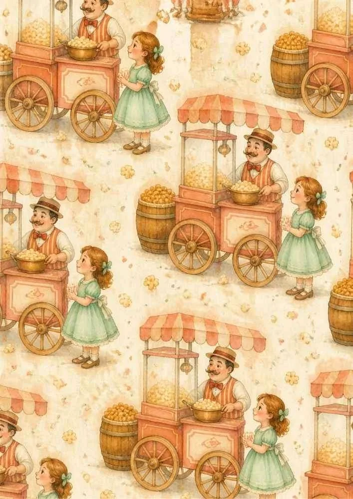 Popcorn cart with vendor, little girl, popcorn machine, barrels, and scattered popcorn.