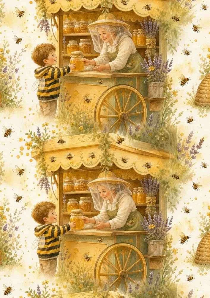 Honey stand with beekeeper, child, honey jars, bees, lavender, and beehive.