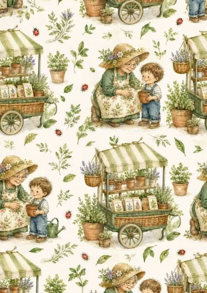 Plant cart with gardener, child, flower pots, herbs, leaves, and ladybugs.