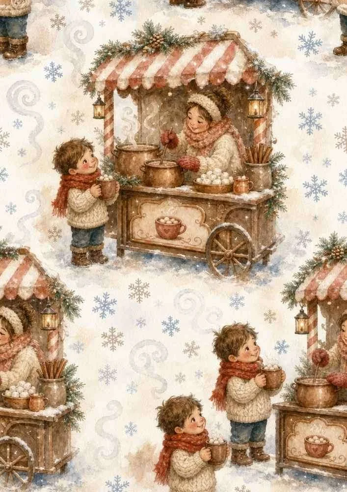 Winter drink stand with child, warm drink, marshmallows, snowflakes, and lanterns.
