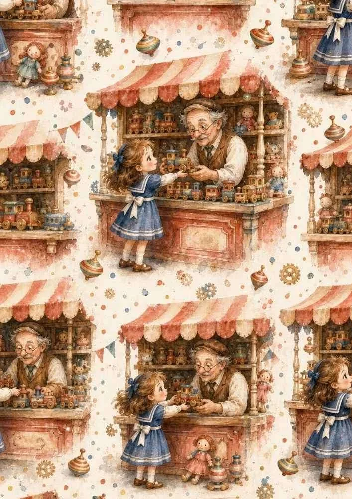 Toy stall with seller, little girl, wooden trains, dolls, and spinning tops.