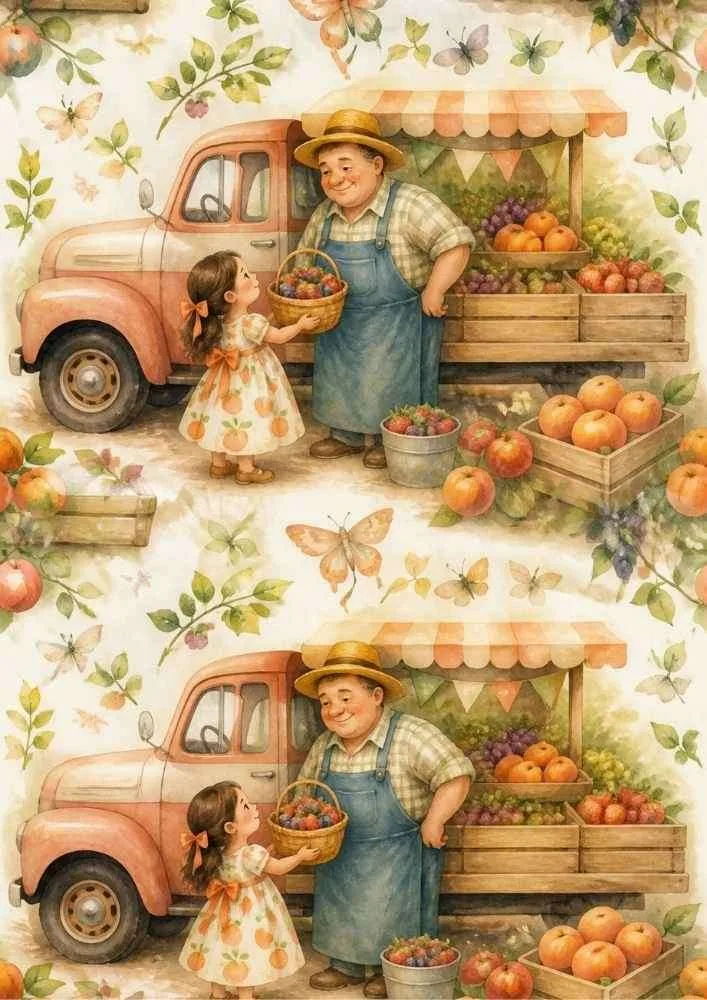 Fruit truck with seller, child, baskets of fruit, apples, grapes, and butterflies.