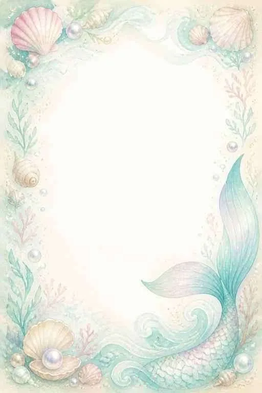 Mermaid tail, seashells, pearls, sea plants, and a large blank center with a soft ocean border.