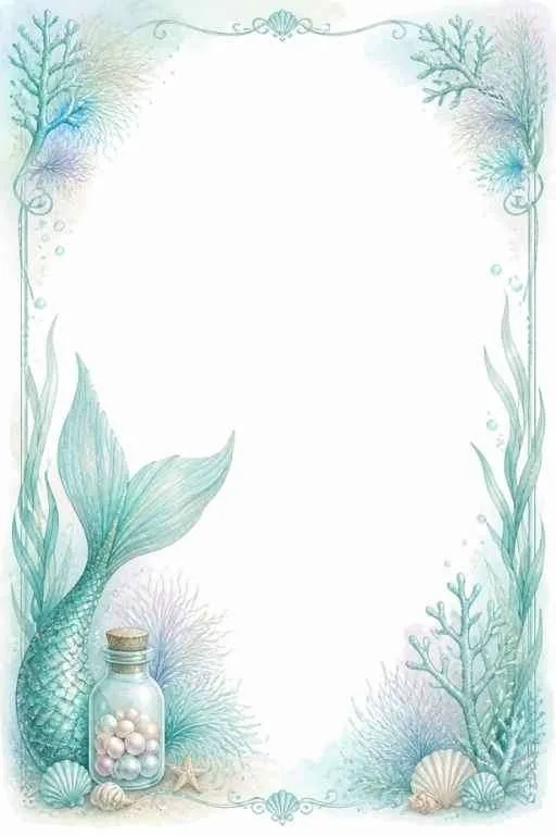 Mermaid tail, bottle with pearls, shells, coral, and a blank center.
