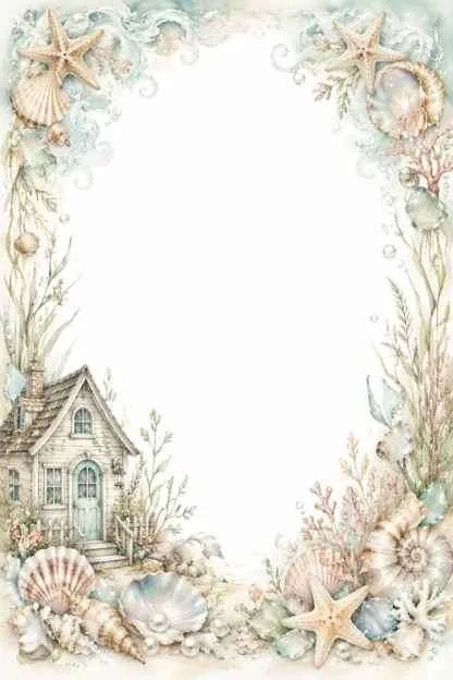 Small seaside cottage, shells, starfish, pearls, coral, and a blank center.