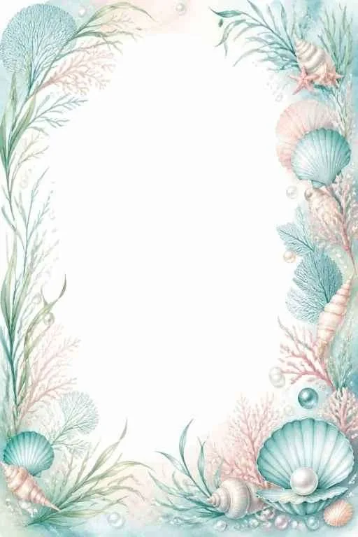 Seashells, coral, pearls, sea plants, and a large blank center.