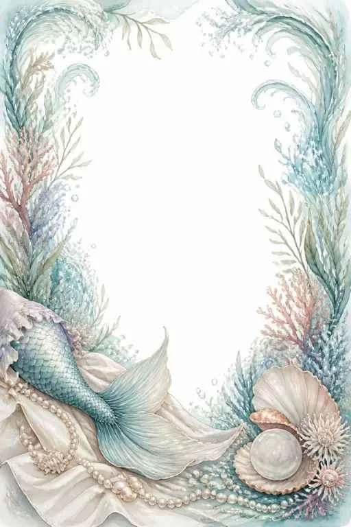 Flowing mermaid tail, pearls, shells, coral, and a blank center.