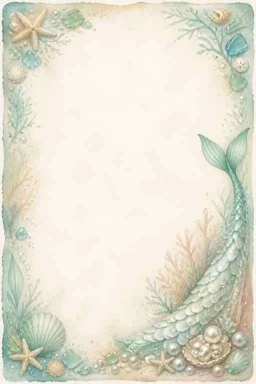 Mermaid scales, shells, pearls, coral, starfish, and a blank center.
