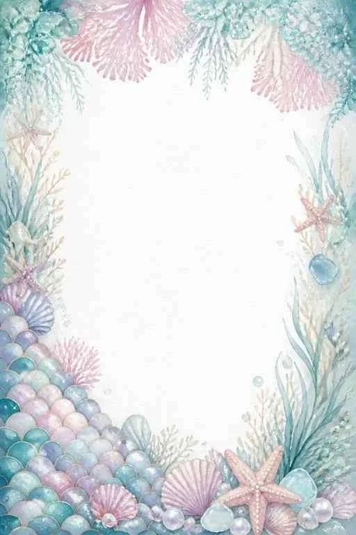 Coral, seashells, pearls, mermaid scales, and a blank center.