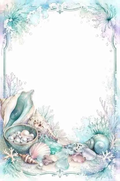 Open shell with pearls, coral, seashells, and a large blank center.