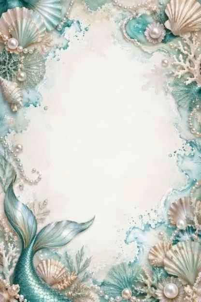 Mermaid tail, pearl shells, coral, waves, and a blank center.