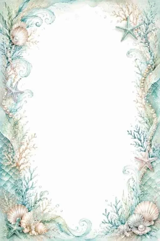 Starfish, mermaid scales, shells, coral, pearls, and a blank center.