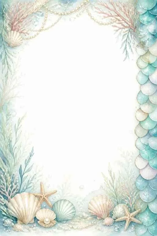 Mermaid scales, seashells, coral, starfish, and a blank center framed by ocean details.