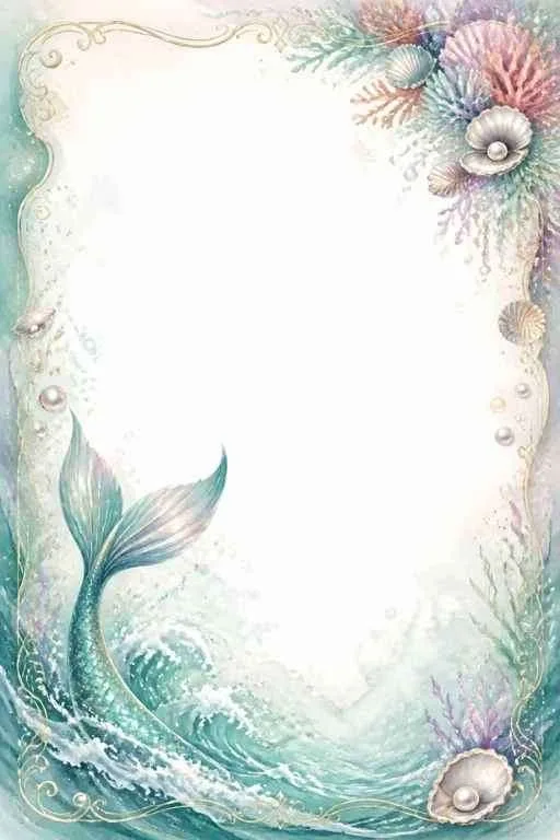 Mermaid tail, ocean waves, coral, pearls, and shells around a large blank center.
