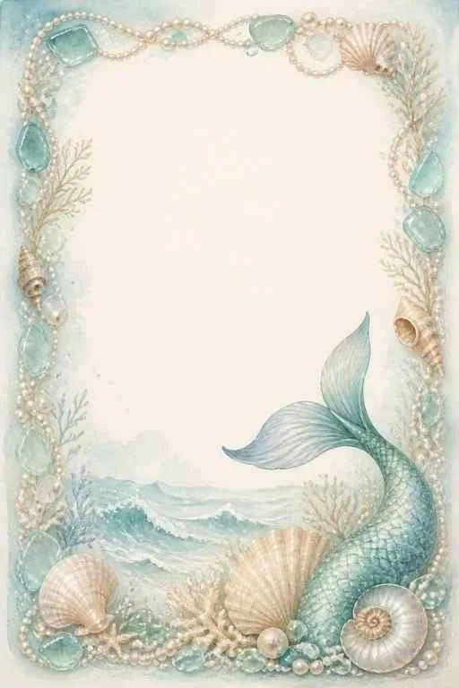 Mermaid tail, pearls, sea gems, shells, and coral with a blank center.