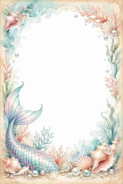 Mermaid tail, coral, seashells, pearls, and an open center with an ocean border.