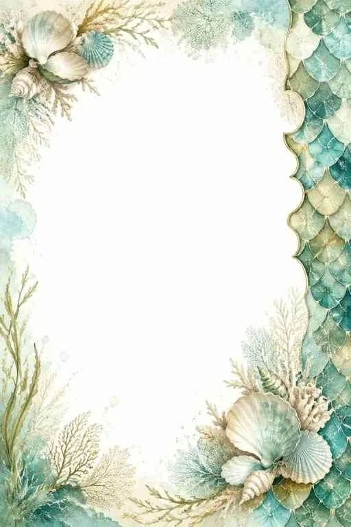 Mermaid scales, shells, coral, and sea plants framing a blank center.