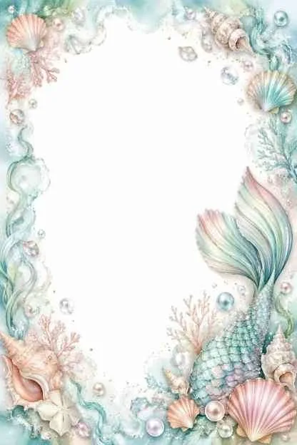 Mermaid tail, bubbles, seashells, coral, and a large blank center.