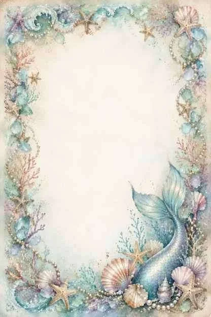 Mermaid tail, starfish, pearls, shells, and coral around a blank center.
