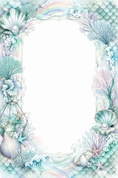 Rainbow, shells, coral, pearls, waves, and a blank center with an ocean frame.