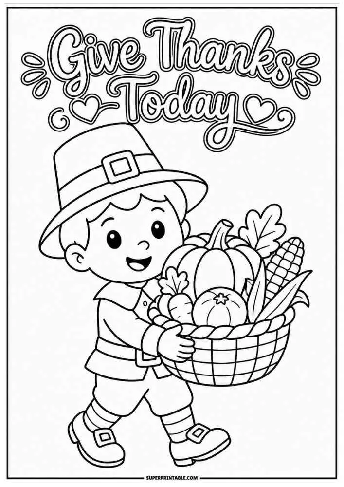 Child in a pilgrim hat carrying a harvest basket with the words "Give Thanks Today."