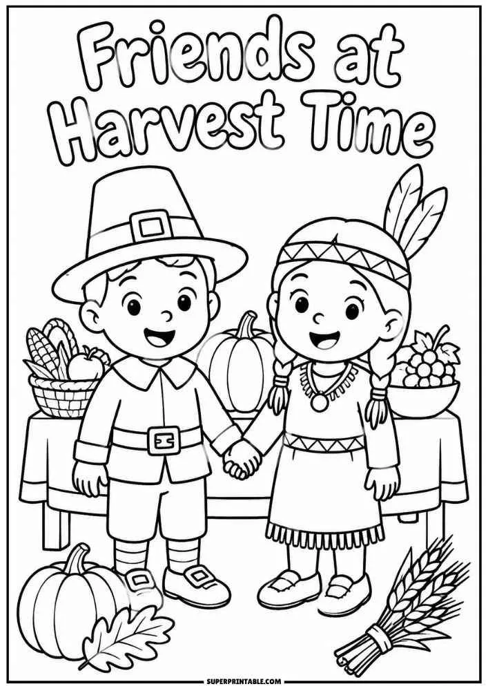 Two children in harvest outfits with pumpkins and wheat under the words "Friends at Harvest Time."