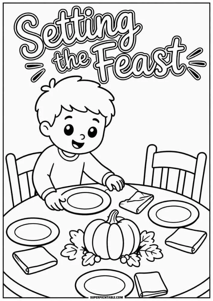 Child setting a Thanksgiving table with plates and pumpkin centerpiece under the words "Setting the Feast."