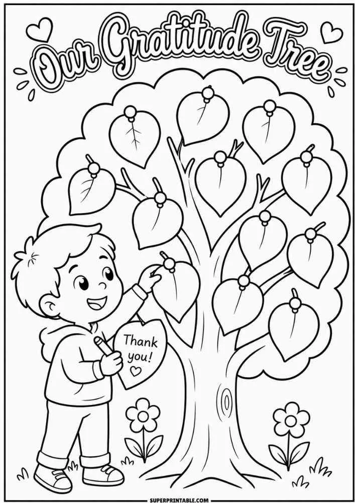 Child placing a thank you leaf on a gratitude tree under the words "Our Gratitude Tree."