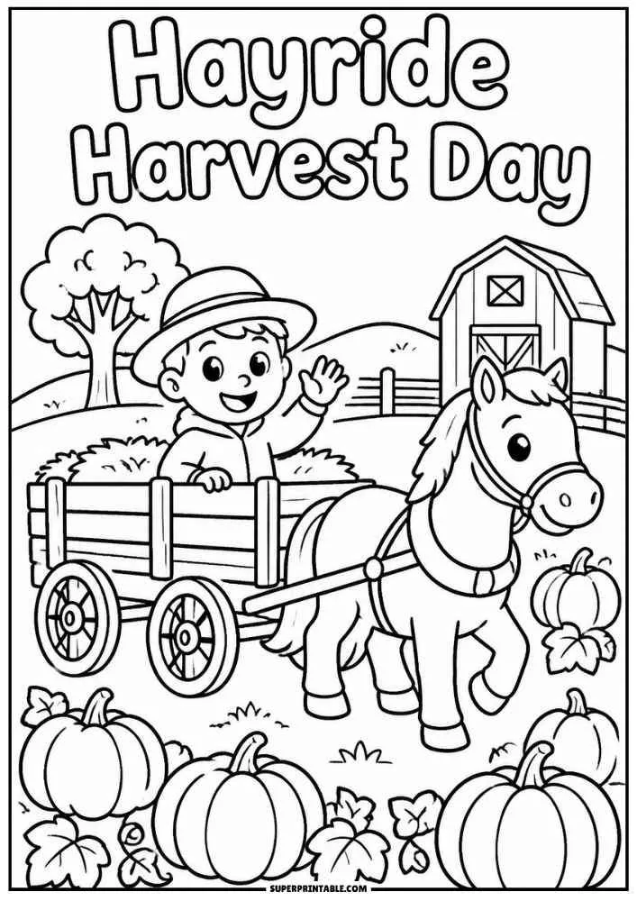 Child riding a horse drawn wagon with pumpkins under the words "Hayride Harvest Day."