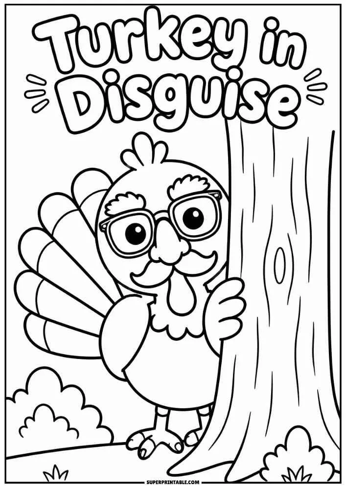Turkey wearing glasses and a mustache behind a tree under the words "Turkey in Disguise."