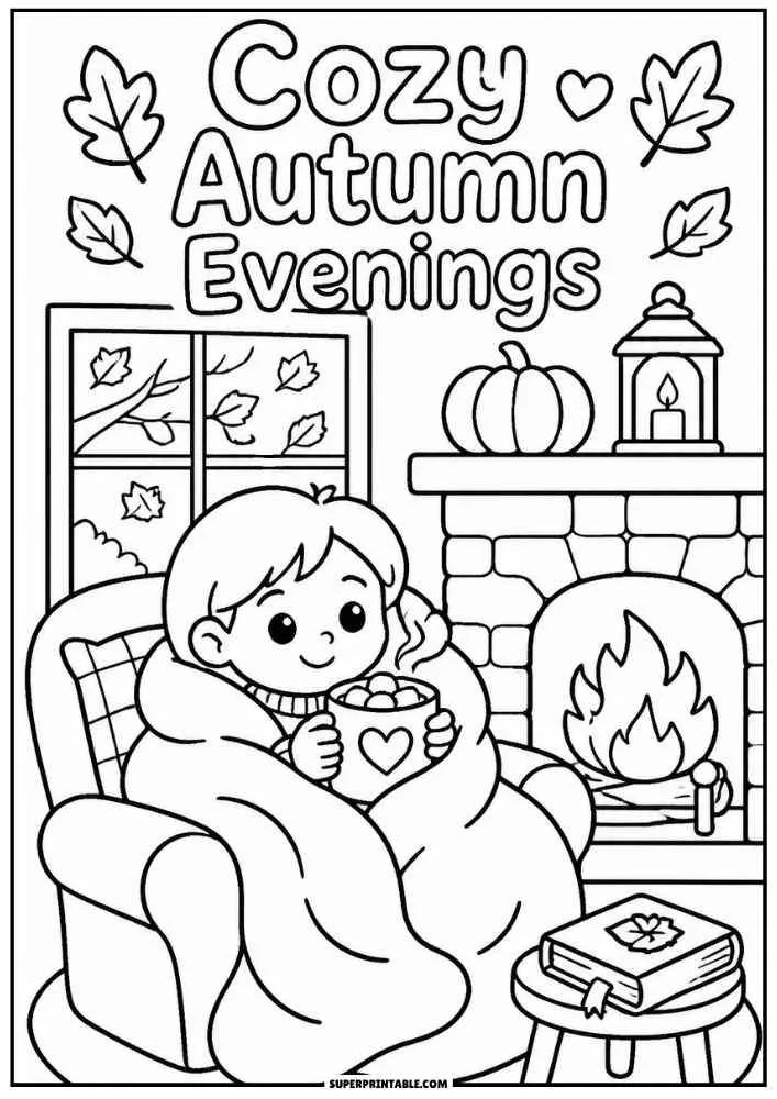 Child by a fireplace with blanket and pumpkin under the words "Cozy Autumn Evenings."