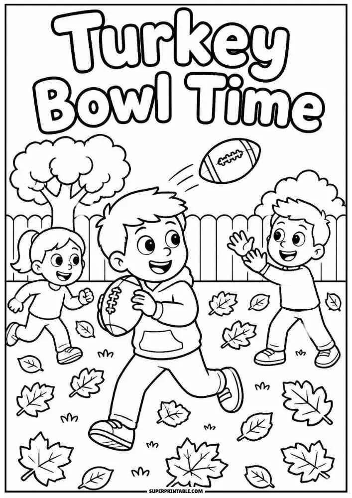 Children playing football with falling leaves under the words "Turkey Bowl Time."