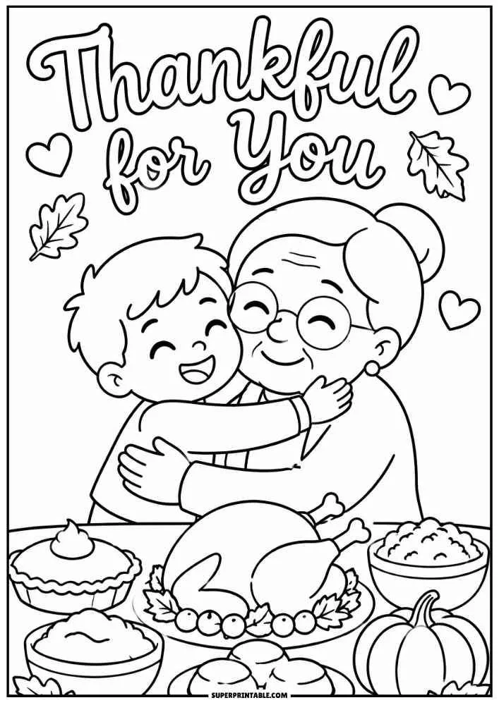 Child hugging grandmother beside a Thanksgiving meal under the words "Thankful for You."