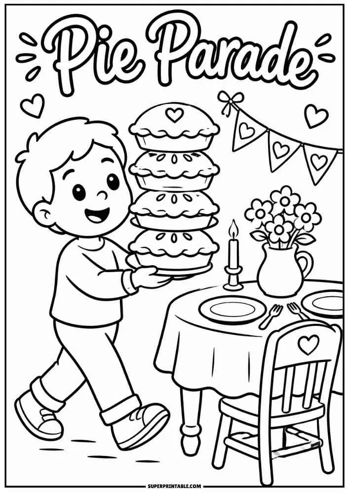 Child carrying stacked pies beside a decorated table under the words "Pie Parade."